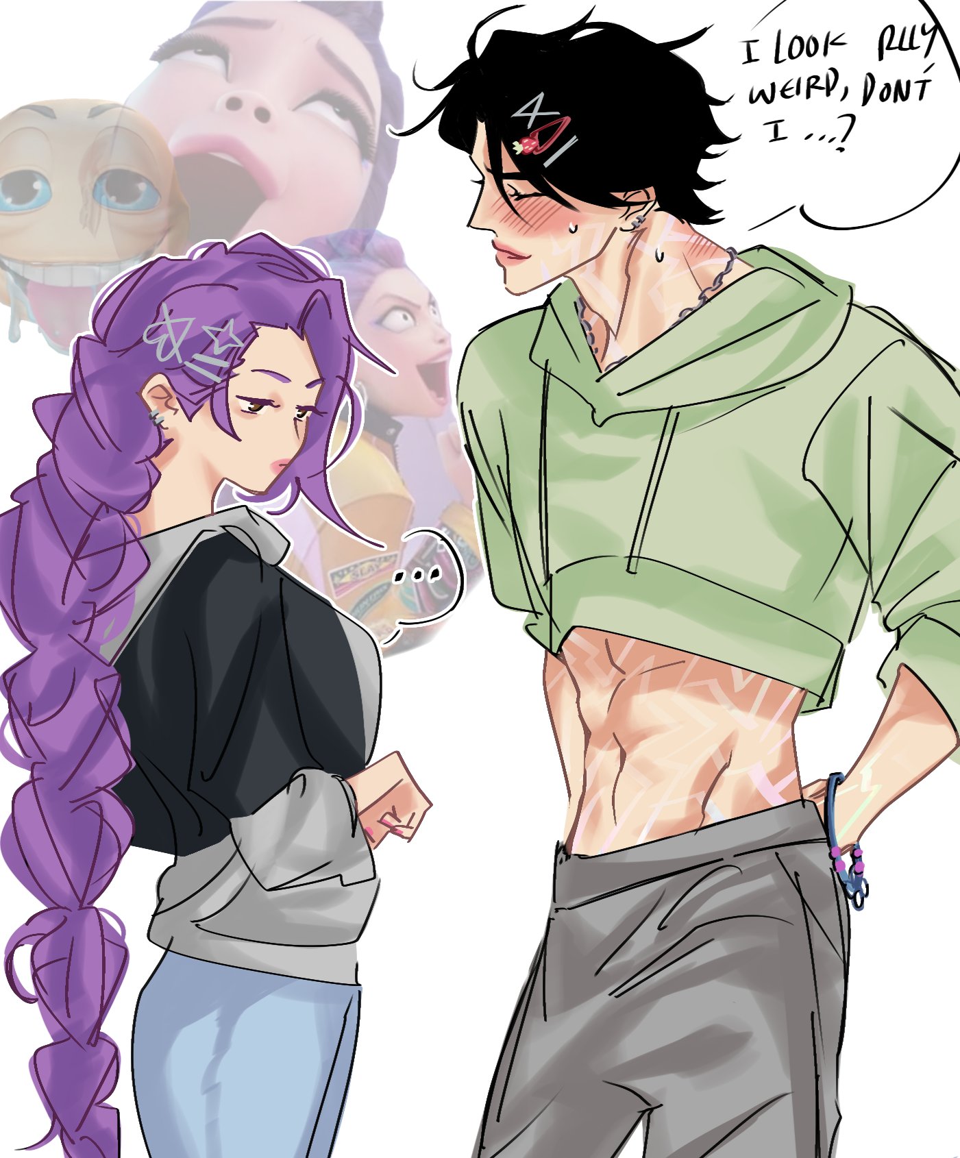 jinu (kpop demon hunters), rumi (kpop demon hunters), kpop demon hunters, commentary, english commentary, highres, …, 1boy, 1girl, abs, alternate costume, arms behind back, black hair, black hoodie, blue pants, blush, breasts, chain, chain necklace, cowboy shot, cropped hoodie, green hoodie, grey hoodie, grey pants, hair ornament, hairclip, hood, hoodie, jewelry, long hair, looking at another, medium breasts, navel, necklace, notmyname642460, pants, parted bangs, purple hair, short hair, spoken ellipsis, sweatdrop, swimsuit, two-tone hoodie, very long hair