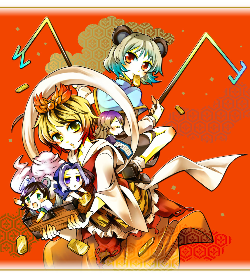 taki tarou, takitarou, hijiri byakuren, houjuu nue, kumoi ichirin, murasa minamitsu, nazrin, toramaru shou, unzan, touhou, silver hair, bad id, bad pixiv id, 5girls, :o, animal ears, blush, chibi, looking at viewer, mini person, minigirl, mouse ears, multiple girls, parted lips, red background, simple background, stick