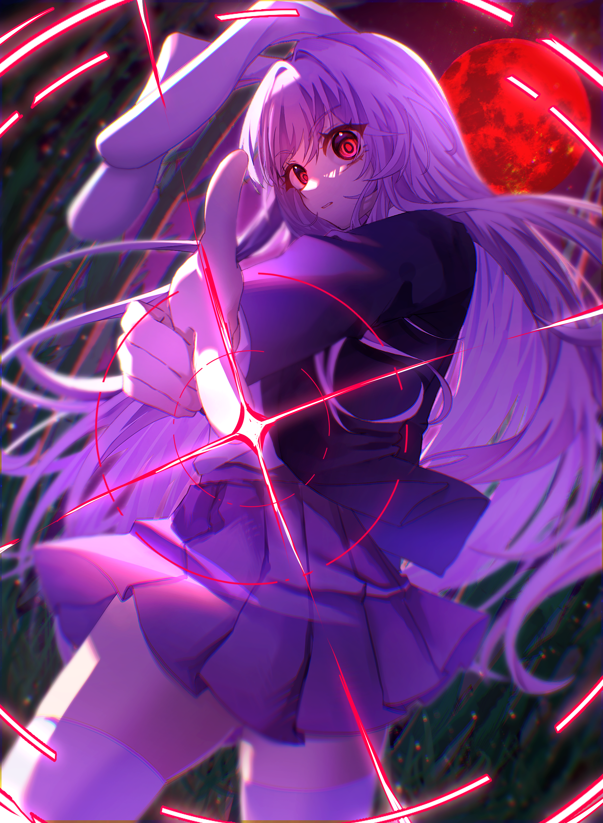 yoshino (q sci), reisen udongein inaba, touhou, absurdres, commentary request, highres, 1girl, animal ears, black jacket, cowboy shot, hair between eyes, jacket, long hair, looking at viewer, moon, parted lips, pleated skirt, pointing, pointing at viewer, purple hair, rabbit ears, red eyes, red moon, skirt, solo, very long hair