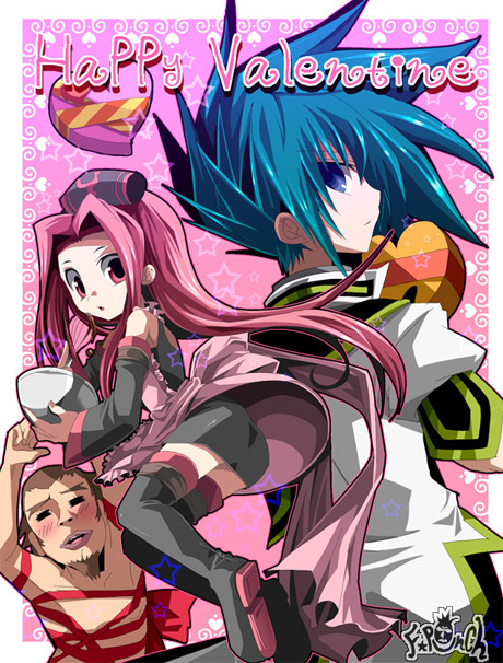 fruit punch, arietta (tales), sync (tales), van grants, tales of (series), tales of the abyss, 00s, 1girl, 2boys, blue eyes, blush, brown hair, green hair, multiple boys, pink eyes, pink hair