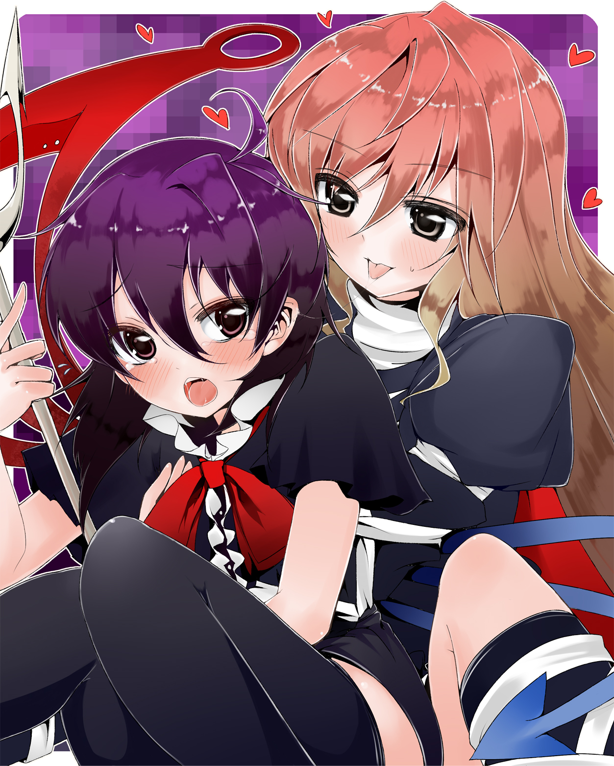 suzume miku, hijiri byakuren, houjuu nue, touhou, bad id, bad pixiv id, highres, 2girls, black hair, black thighhighs, blush, breasts, cape, dress, female focus, gradient hair, heart, long hair, multicolored hair, multiple girls, polearm, red eyes, saliva, saliva trail, short hair, spear, thighhighs, tongue, trident, weapon, wings, yellow eyes, yuri, zettai ryouiki