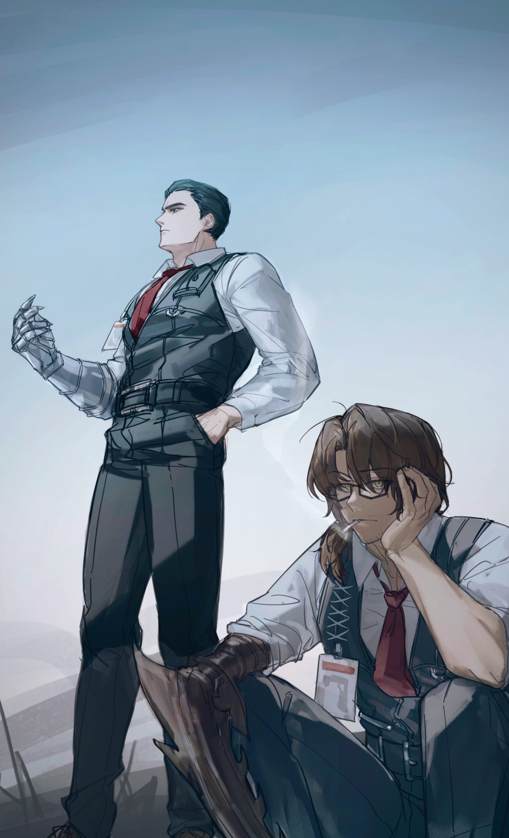 gregor (project moon), meursault (project moon), limbus company, project moon, absurdres, highres, 2boys, arthropod limbs, beard stubble, belt, black-framed eyewear, black belt, black hair, black pants, black vest, brown hair, cigarette, clawed gauntlets, collared shirt, facial hair, gauntlets, glasses, hair over shoulder, hand in pocket, head rest, id card, kkolo432271, low ponytail, male focus, multiple boys, necktie, pants, ponytail, red necktie, shirt, short hair, short ponytail, single gauntlet, smoke, smoking, squatting, standing, stubble, vest, white shirt