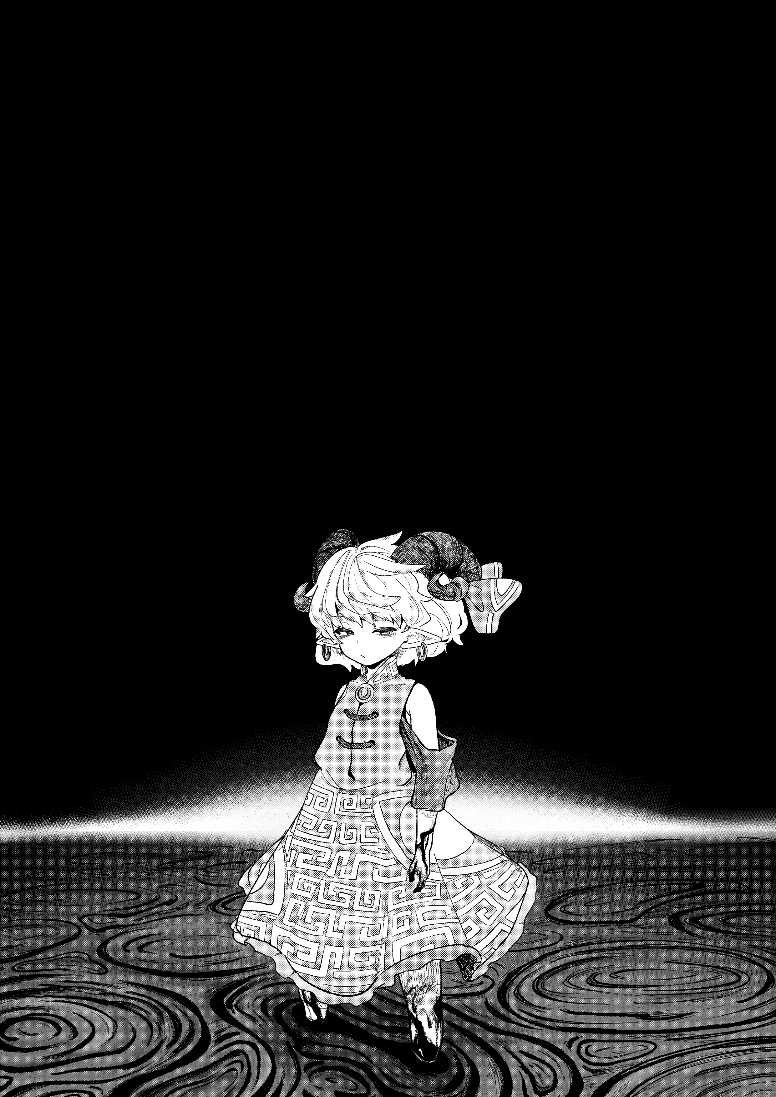 toutetsu yuuma, touhou, absurdres, commentary, highres, 1girl, bare shoulders, closed mouth, dress, earrings, expressionless, horn ornament, horn ribbon, horns, jewelry, looking at viewer, medium hair, monochrome, motutigire, pointy ears, ribbon, sheep horns, solo, wading