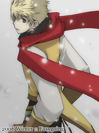 guy cecil, tales of (series), tales of the abyss, lowres, 00s, blonde hair, green eyes, male focus, scarf, snow, solo