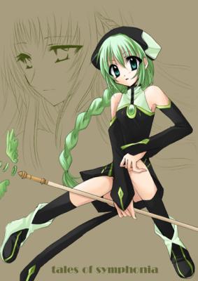 martel yggdrasill, tabatha, tabatha (tales of symphonia), tales of (series), tales of symphonia, lowres, 00s, 2girls, green eyes, green hair, multiple girls, wand