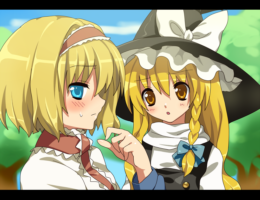 tokira nozumi, alice margatroid, kirisame marisa, touhou, 2girls, blonde hair, blue eyes, blush, braid, female focus, hair ribbon, hat, letterboxed, long hair, multiple girls, ribbon, short hair, witch hat, yellow eyes