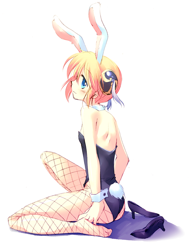 motomiya mitsuki, kagura (gintama), gintama, 00s, 1girl, animal ears, blonde hair, blue eyes, bun cover, fake animal ears, feet, female focus, fishnet pantyhose, fishnets, flat chest, from behind, high heels, pantyhose, playboy bunny, rabbit ears, rabbit tail, shoes, short hair, sitting, solo, tail, unworn shoes, wariza