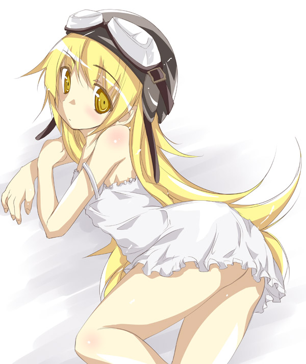 yumesato makura, oshino shinobu, bakemonogatari, monogatari (series), bad id, bad pixiv id, 00s, blonde hair, goggles, helmet, long hair, solo, strap slip, yellow eyes