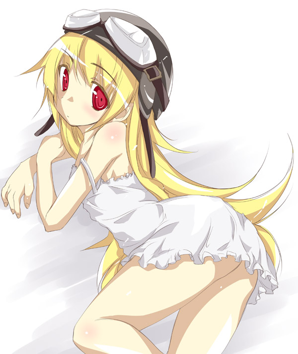 yumesato makura, oshino shinobu, bakemonogatari, monogatari (series), bad id, bad pixiv id, 00s, blonde hair, goggles, helmet, long hair, red eyes, solo, strap slip