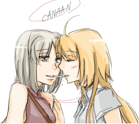 canaan (character), oosawa maria, 428, 428: fuusa sareta shibuya de, canaan (series), chunsoft, 2girls, ahoge, blonde hair, blush, food, grey eyes, long hair, multiple girls, pocky, pocky kiss, shared food, short hair, sleeveless, sleeveless turtleneck, turtleneck, white hair, yuri