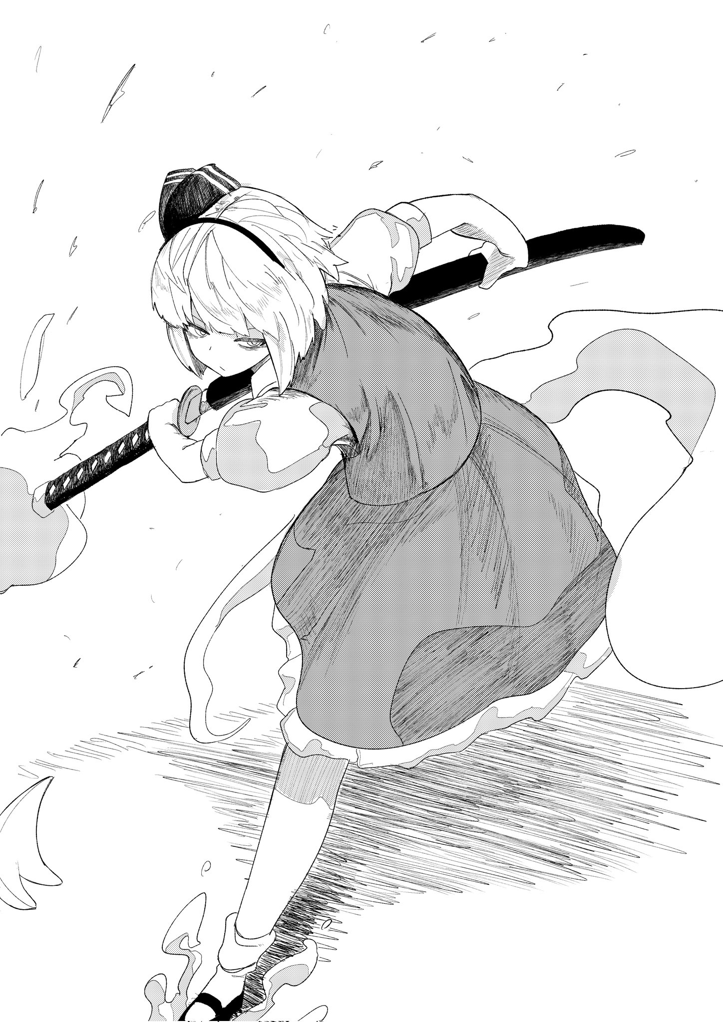 konpaku youmu, konpaku youmu (ghost), touhou, commentary, highres, 1girl, black shoes, hairband, holding, holding sword, holding weapon, katana, looking at viewer, medium hair, monochrome, motutigire, scabbard, serious, sheath, shirt, shoes, short sleeves, skirt, socks, solo, sword, vest, weapon, white hair, white socks