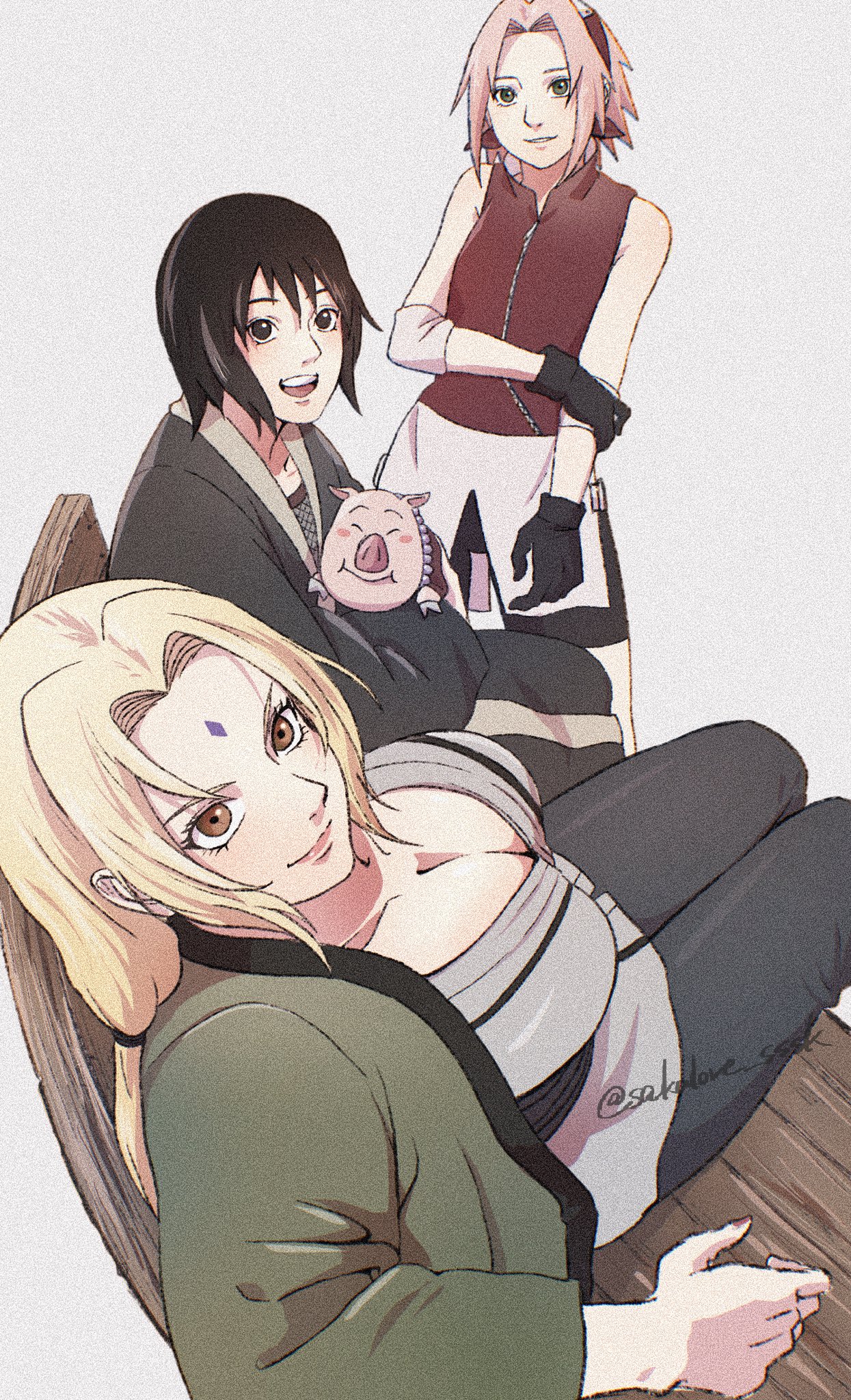 haruno sakura, shizune (naruto), tsunade (naruto), naruto (series), naruto shippuuden, commentary, highres, symbol-only commentary, 3girls, bike shorts, black gloves, black hair, black kimono, black pants, black shorts, blonde hair, breasts, brown eyes, closed mouth, elbow sleeve, facial mark, forehead mark, from above, gloves, green eyes, green hair, grey background, grey eyes, grey shirt, hairband, japanese clothes, kimono, large breasts, looking at viewer, low twintails, multiple girls, open mouth, pants, parted bangs, pig, pink hair, red hairband, red vest, sakulove sssk, shirt, shorts, smile, twintails, twitter username, vest