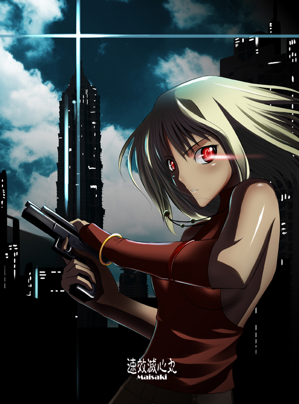 maisaki, canaan (character), 428, 428: fuusa sareta shibuya de, canaan (series), chunsoft, 1girl, bracelet, cocking gun, female focus, gun, jewelry, necklace, outdoors, red eyes, sky, sleeveless, sleeveless turtleneck, solo, turtleneck, weapon, white hair