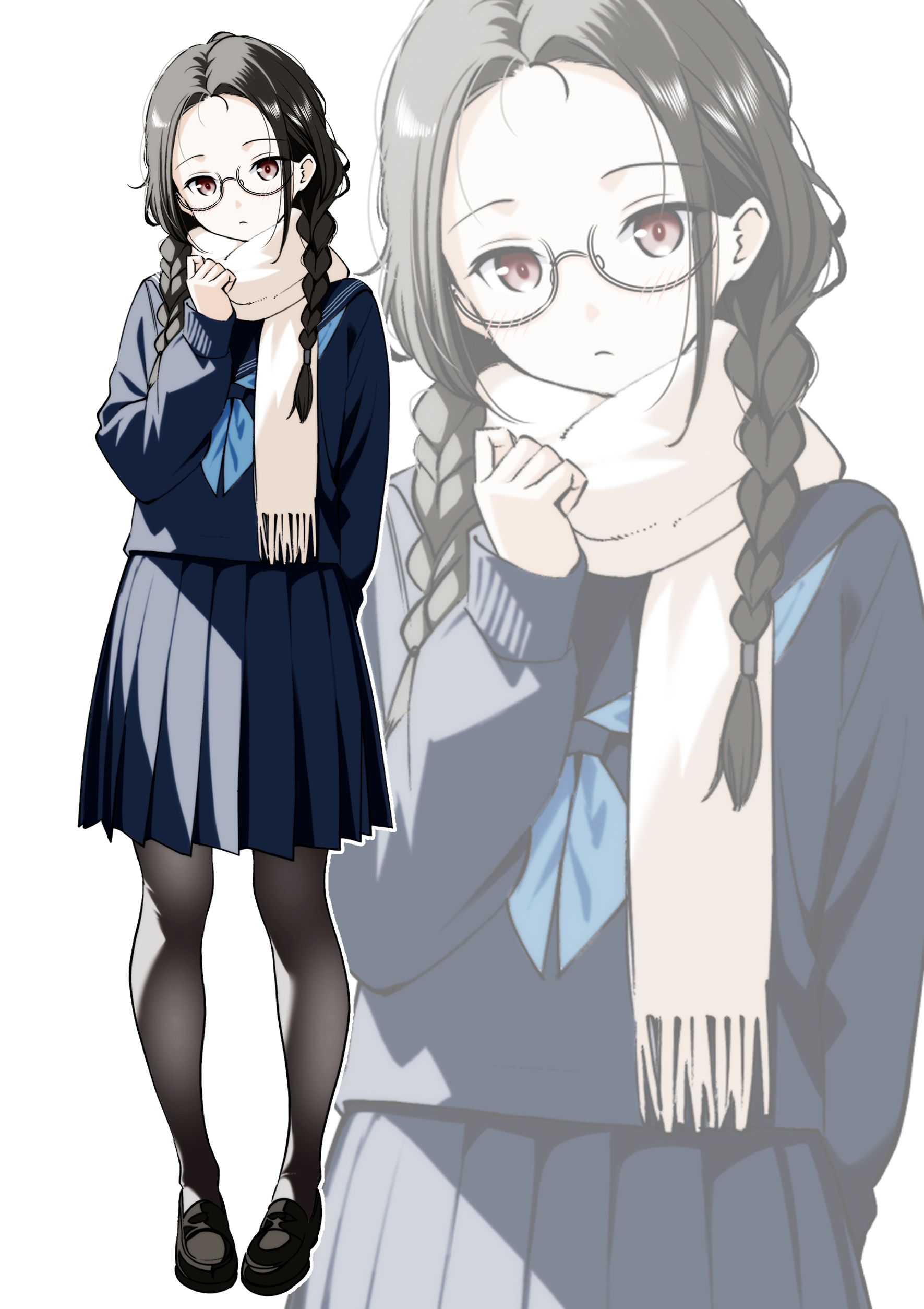moonsorrow, original, absurdres, commentary request, highres, 1girl, arm behind back, black hair, black pantyhose, black shoes, blue neckerchief, blue shirt, blue skirt, blush, braid, brown-framed eyewear, closed mouth, forehead, full body, glasses, loafers, long hair, long sleeves, looking at viewer, medium skirt, neckerchief, pantyhose, pleated skirt, red eyes, scarf, school uniform, semi-rimless eyewear, serafuku, shirt, shoes, simple background, skirt, solo, standing, twin braids, under-rim eyewear, white background, white scarf, zoom layer