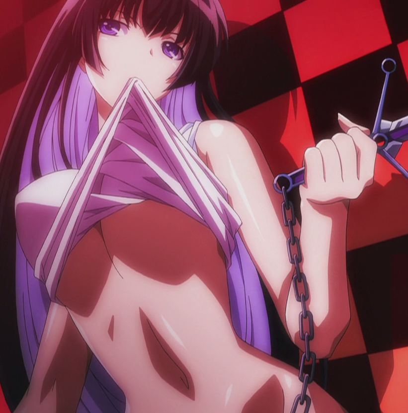 sangou shizuku, kampfer, anime screenshot, 00s, 1girl, breasts, chain, clothes lift, female focus, large breasts, long hair, midriff, mouth hold, navel, purple eyes, purple hair, shirt lift, solo, underboob, weapon