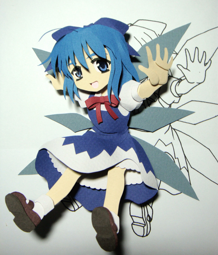 airdia, follen (639594), cirno, embodiment of scarlet devil, touhou, papercraft (medium), unconventional media, 1girl, :d, blue dress, blue eyes, blue hair, bow, bowtie, dress, female focus, grin, ice, ice wings, looking at viewer, matching hair/eyes, open mouth, outstretched arms, red bow, red bowtie, smile, solo, teeth, wings