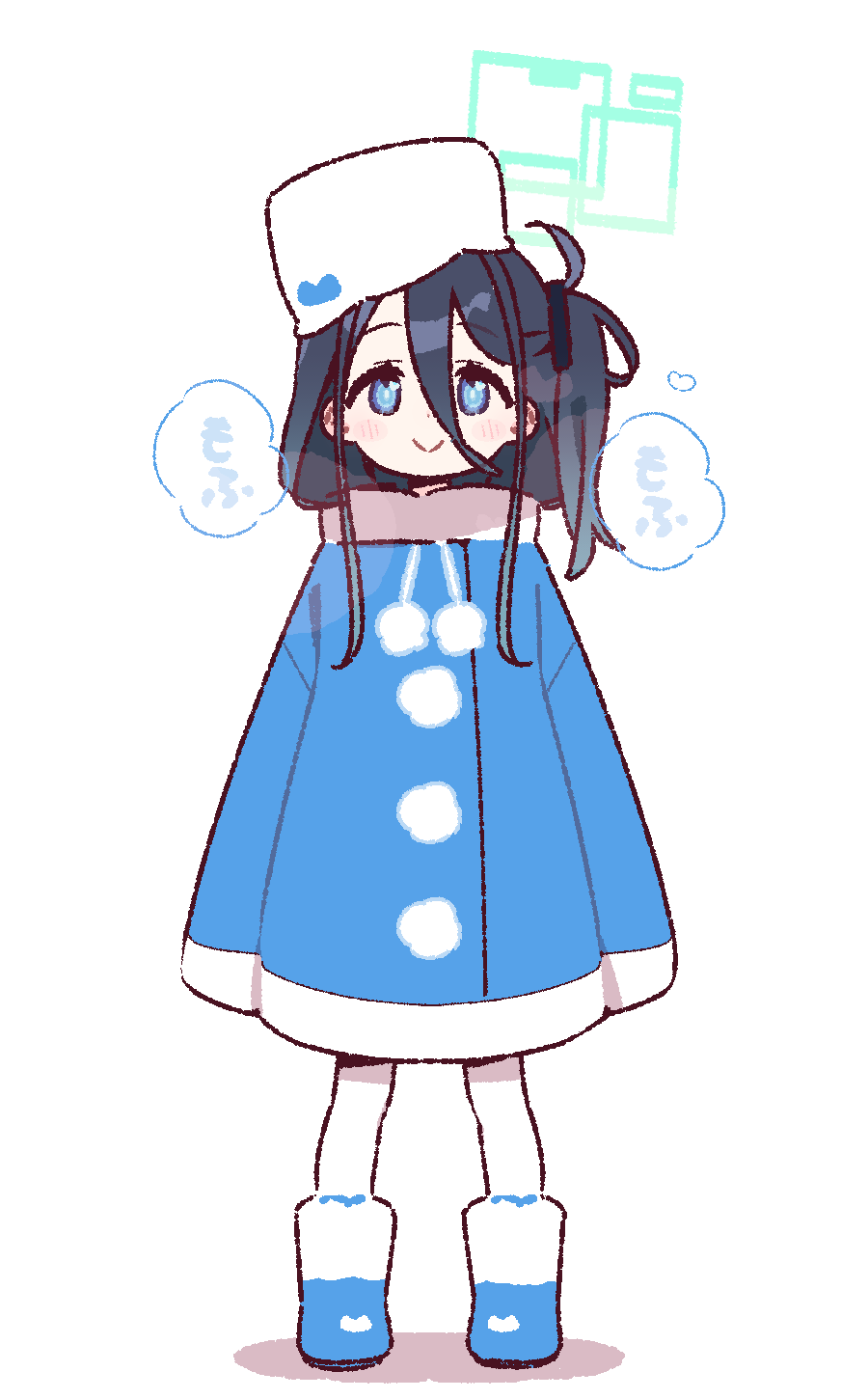 yoru nai, aris (blue archive), blue archive, commentary request, highres, 1girl, alternate costume, aqua halo, black hair, black hairband, blue boots, blue coat, blue eyes, blush, boots, breath, closed mouth, coat, full body, fur-trimmed boots, fur-trimmed coat, fur hat, fur trim, hair between eyes, hairband, halo, hat, long hair, long hair between eyes, long sleeves, looking at viewer, one side up, rectangular halo, ringed eyes, simple background, smile, solo, standing, tilted headwear, white background, white hat, winter clothes