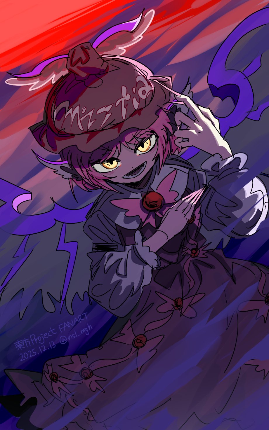 ichirugi, mystia lorelei, touhou, commentary, highres, 1girl, animal ears, bird ears, bird girl, bird wings, bow, bowtie, brooch, brown hat, brown skirt, brown vest, character name, claw pose, clothes writing, cloud, dated, dutch angle, english text, evil grin, evil smile, feet out of frame, frilled shirt, frills, from above, glowing, glowing eyes, grin, hat, jewelry, long sleeves, looking at viewer, lower teeth only, open mouth, parted bangs, pink bow, pink bowtie, pink nails, puffy long sleeves, puffy sleeves, red sky, shade, shirt, short hair, sidelighting, skirt, sky, smile, solo, teeth, twitter username, v-shaped eyebrows, very long fingernails, vest, white shirt, winged hat, wings, yellow eyes