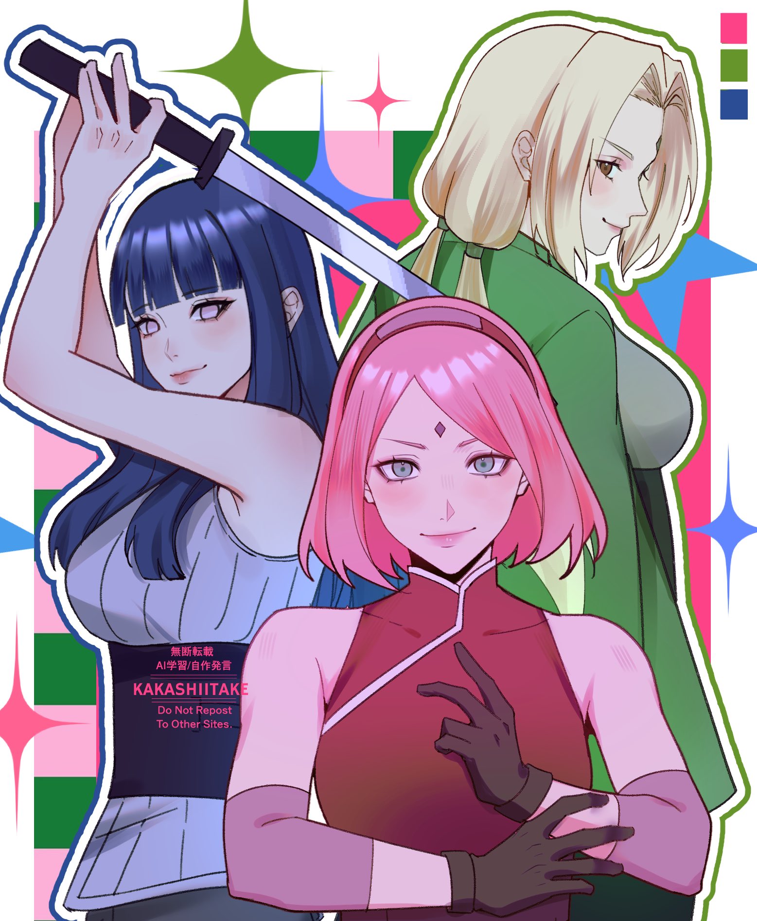 haruno sakura, hyuuga hinata, tsunade (naruto), naruto (series), naruto shippuuden, commentary, english commentary, highres, 3girls, artist name, bare arms, bare shoulders, blonde hair, blue hair, blunt bangs, blunt ends, breasts, brown eyes, closed mouth, dress, elbow sleeve, facial mark, forehead mark, green eyes, green haori, grey eyes, grey shirt, hairband, haori, hime cut, holding, holding sword, holding weapon, japanese clothes, kakashiitake, large breasts, light smile, long hair, low twintails, medium breasts, multiple girls, no pupils, parted bangs, pink hair, red dress, red hairband, shirt, short hair, sleeveless, sleeveless dress, sleeveless shirt, sparkle, sword, twintails, weapon