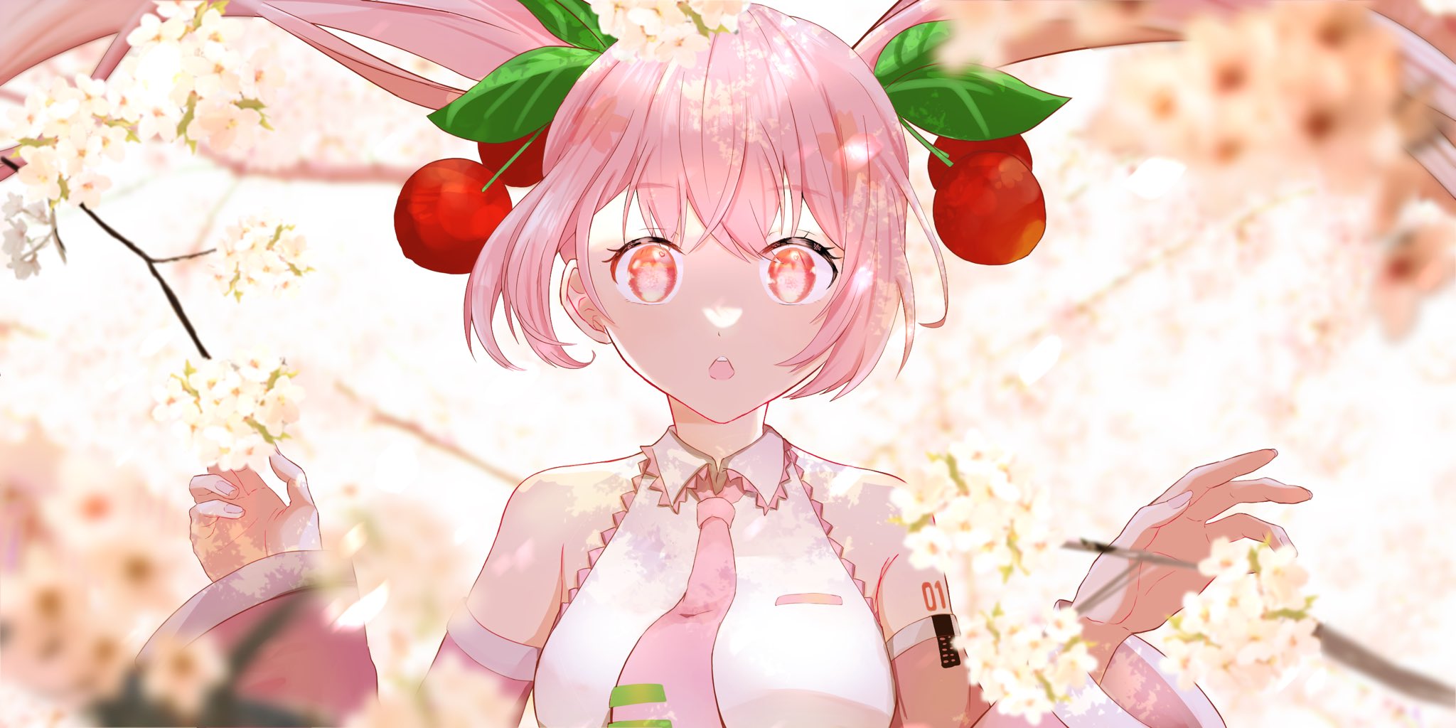 nonco no, hatsune miku, sakura miku, vocaloid, commentary request, highres, 1girl, bare shoulders, blush, breasts, cherry hair ornament, collared shirt, dated, food-themed hair ornament, hair between eyes, hair ornament, headset, long hair, looking at viewer, medium breasts, necktie, number tattoo, open mouth, pink eyes, pink hair, pink necktie, shirt, sleeveless, sleeveless shirt, solo, tattoo, twintails, upper body, very long hair, white trim, wide sleeves