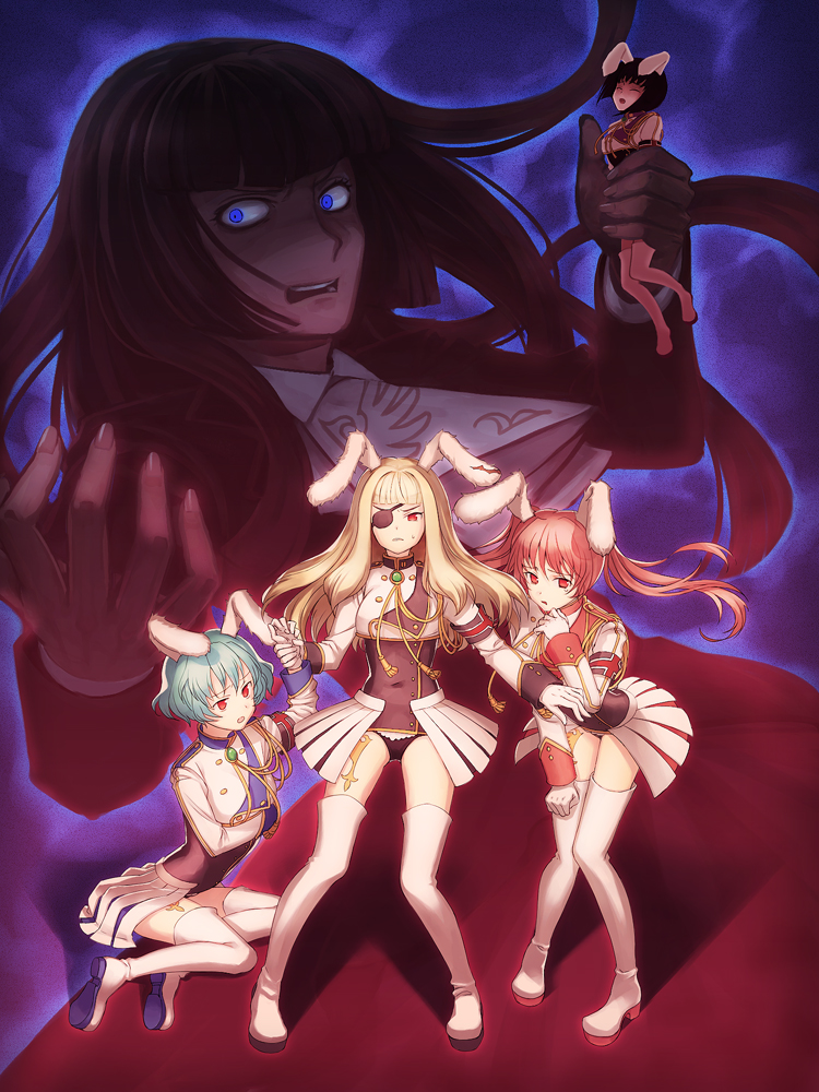 garex, neko k321, chiester00, chiester410, chiester45, chiester556, chiester sisters, ushiromiya rosa, umineko no naku koro ni, bad id, bad pixiv id, 00s, 5girls, animal ears, blonde hair, blue eyes, boots, brown hair, eyepatch, green hair, hime cut, legs, multiple girls, rabbit ears, red eyes, red hair, short hair, showgirl skirt, skirt, thigh boots, thighhighs