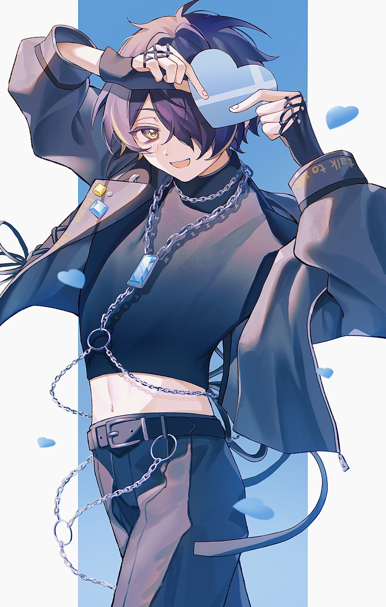 kurokkan, sengoku shinobu, ensemble stars!, commentary, highres, 1boy, arms up, belt, belt buckle, black belt, black gloves, black jacket, black pants, blonde hair, blue gemstone, buckle, chain, chain necklace, cowboy shot, fingernails, gem, gloves, hair over one eye, heart, holding, holding heart, jacket, jewelry, layered clothes, long sleeves, looking at viewer, male focus, midriff, multicolored hair, navel, necklace, official alternate costume, one eye covered, open clothes, open jacket, open mouth, pants, purple hair, short hair, smile, solo, streaked hair, talk to me (ensemble stars!), turtleneck, two-tone hair, white background, yellow eyes
