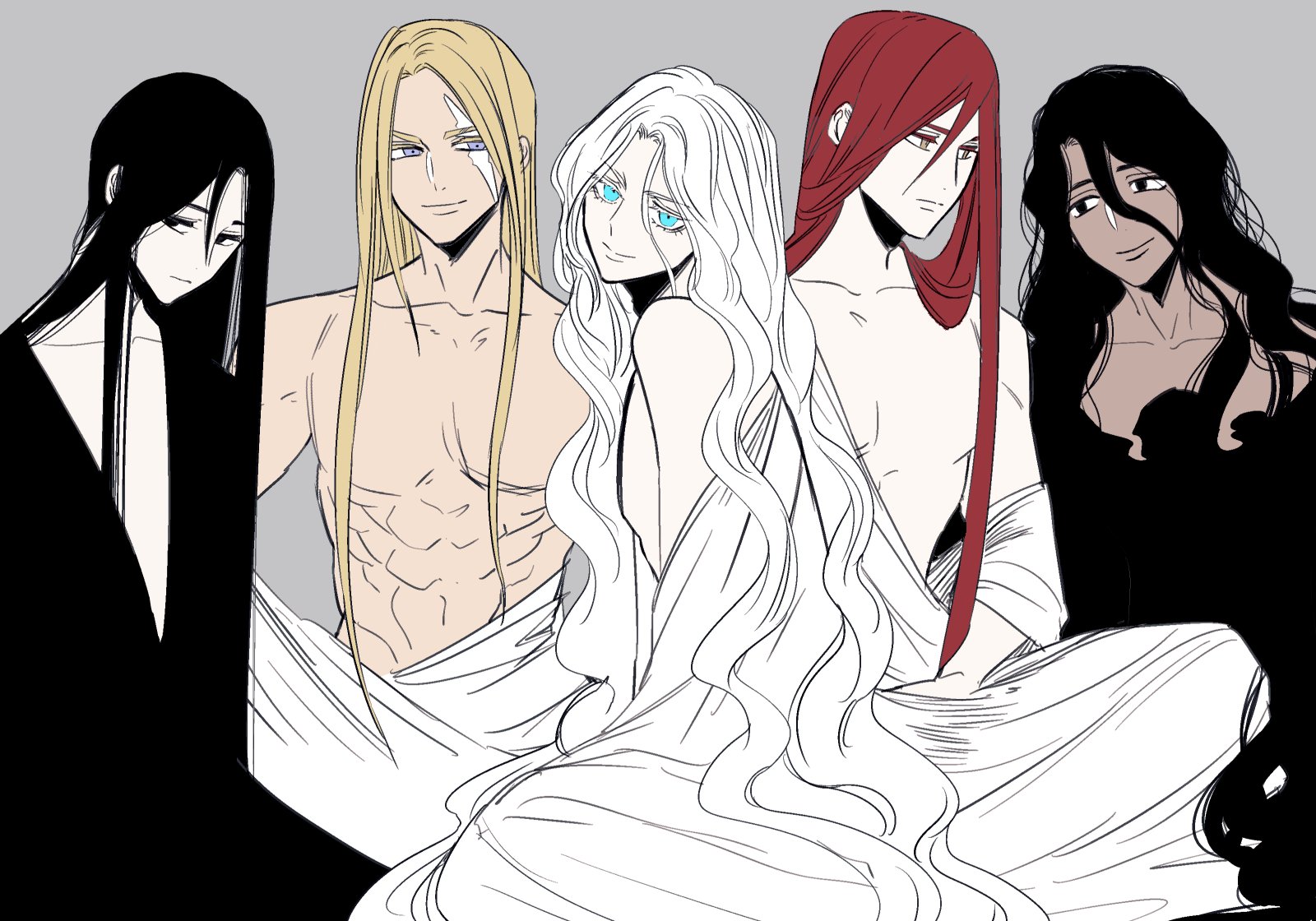 ohitsuji ei, commentary request, highres, 5boys, :|, abs, bare shoulders, black eyes, black hair, black robe, blonde hair, blue eyes, closed mouth, colored eyelashes, curtained hair, dark-skinned male, dark skin, expressionless, eye contact, feet out of frame, grey background, hades (ohitsuji ei), hair between eyes, indian style, lineup, long hair, long hair between eyes, looking at another, looking at viewer, looking to the side, male focus, multiple boys, no nipples, off shoulder, osiris (ohitsuji ei), pale skin, parted bangs, pectorals, poseidon (ohitsuji ei), purple eyes, red hair, robe, scar, scar across eye, scar on face, set (ohitsuji ei), sideways glance, simple background, sitting, smile, straight hair, topless male, v-shaped eyebrows, very long hair, wavy hair, white eyelashes, white hair, white robe, yellow eyes, yukai na shintouki, zeus (ohitsuji ei)
