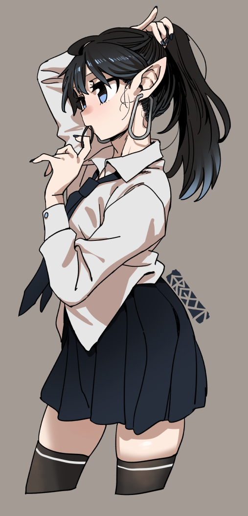ergot, original, commentary request, 1boy, artist logo, black hair, black nails, black necktie, black skirt, black thighhighs, blue eyes, bremen (ergot), crossdressing, earrings, fingernails, from side, grey background, hair tie, hair tie in mouth, holding, holding hair tie, jewelry, logo, long fingernails, long hair, long sleeves, mouth hold, necktie, pleated skirt, pointy ears, ponytail, school uniform, shirt, simple background, skirt, solo, thighhighs, tying hair, upper body, white shirt, zettai ryouiki