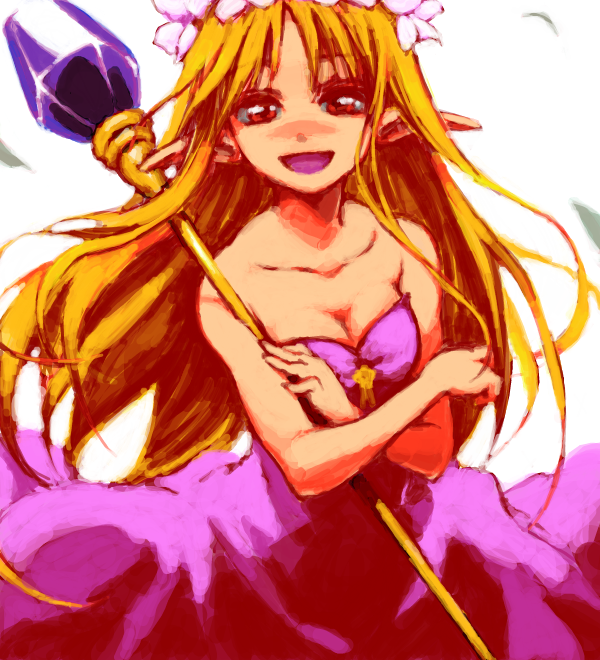 iseki (kuroshura no tabiji), iseki (otameshi), tifalis, fantasy earth zero, bad id, bad pixiv id, character request, 1girl, bare shoulders, blonde hair, breasts, cleavage, dress, female focus, long hair, pointy ears, red eyes, smile, solo, staff