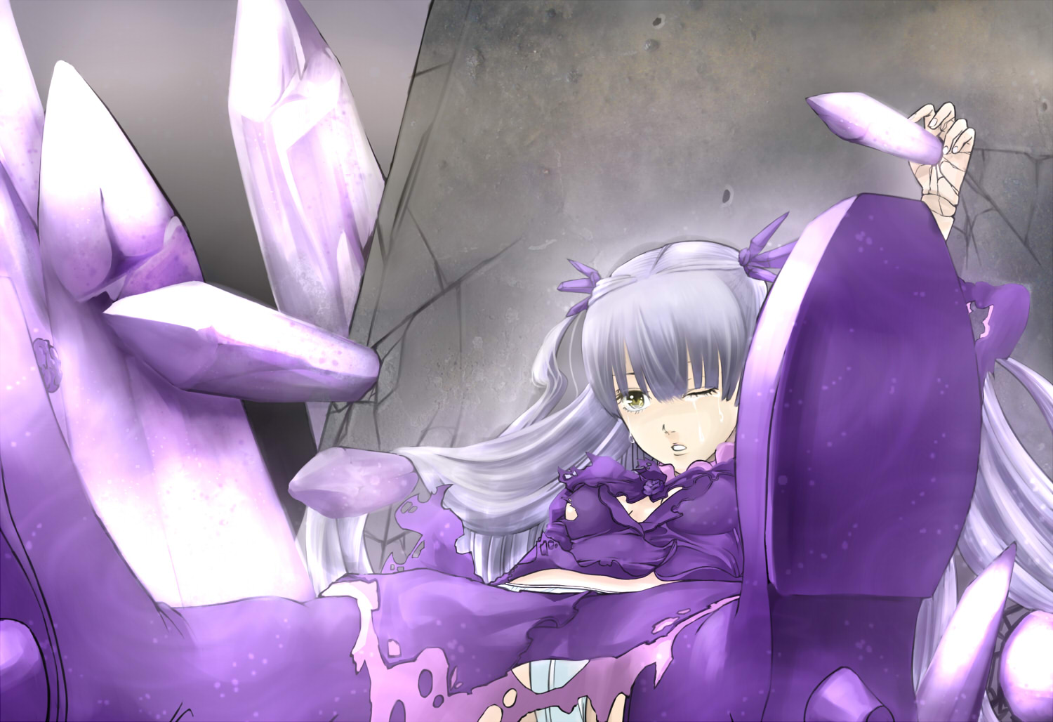 ishikana, nagashii kouhei, barasuishou, rozen maiden, silver hair, bad id, bad pixiv id, 00s, 1girl, boots, crystal, doll joints, dress, female focus, foreshortening, injury, joints, long hair, panties, solo, tears, torn clothes, underwear, yellow eyes