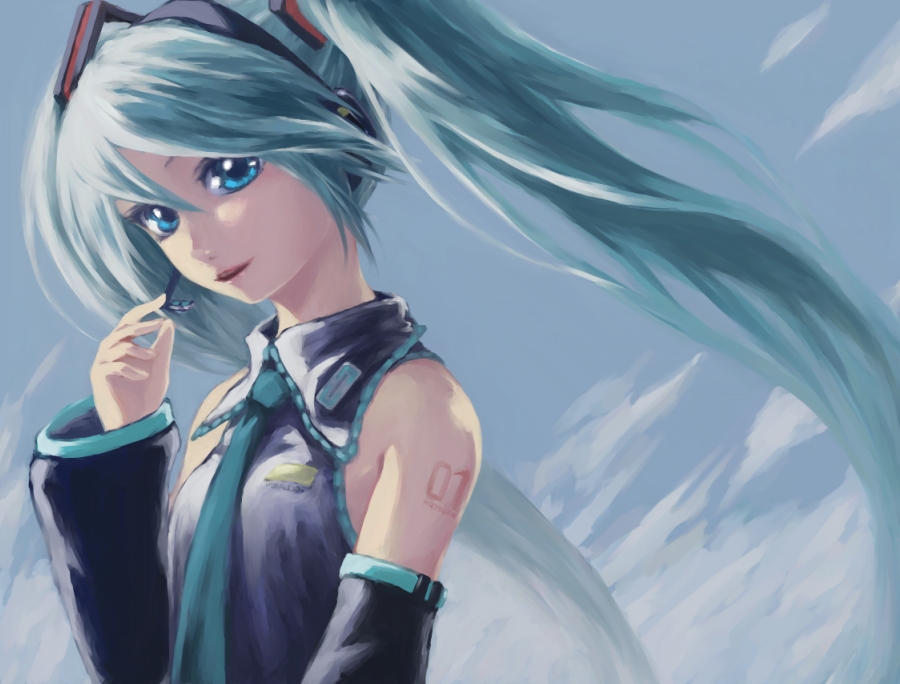 iseki (kuroshura no tabiji), iseki (otameshi), hatsune miku, vocaloid, bad id, bad pixiv id, 1girl, blue eyes, detached sleeves, female focus, green hair, headset, long hair, necktie, solo, twintails