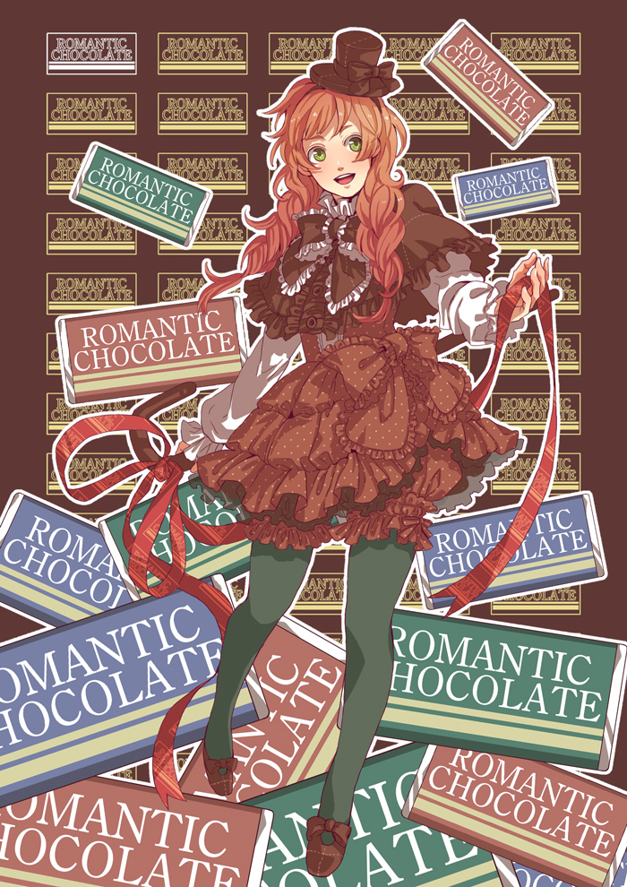 circus66, original, bad id, bad pixiv id, 1girl, blue pantyhose, braid, brown hair, chocolate, dress, female focus, frills, green eyes, hair over shoulder, hat, legs, lolita fashion, long hair, mini hat, mini top hat, pantyhose, ribbon, smile, solo, top hat, twin braids