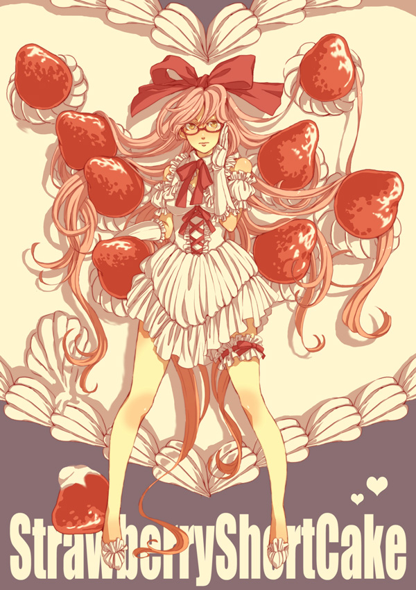 circus66, original, bad id, bad pixiv id, arm garter, bow, cake, dress, elbow gloves, food, food-themed clothes, frilled thigh strap, fruit, glasses, gloves, hair bow, legs, lolita fashion, long hair, pastry, pink hair, solo, strawberry, thigh strap, yellow eyes
