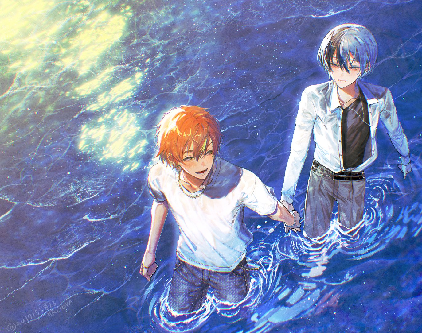 au17155823, aoyagi touya, shinonome akito, project sekai, commentary, symbol-only commentary, 2boys, black shirt, blonde hair, blue hair, bracelet, chain, chain necklace, collared shirt, crew neck, dress shirt, from above, grey pants, holding hands, jewelry, long sleeves, male focus, mole, mole under eye, multicolored hair, multiple boys, necklace, ocean, open mouth, orange hair, outdoors, pants, ripples, shirt, short hair, smile, split-color hair, streaked hair, t-shirt, two-tone hair, unbuttoned, unbuttoned shirt, white shirt, yaoi