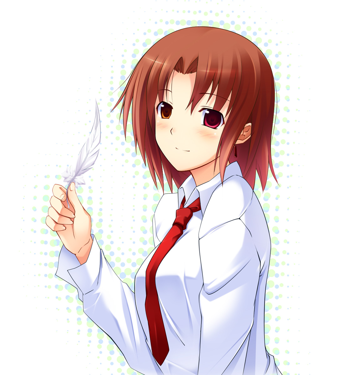 koikeya, original, bad id, bad pixiv id, highres, 1girl, blush, brown hair, dress shirt, earrings, feathers, female focus, halftone, halftone background, heterochromia, jewelry, necktie, polka dot, shirt, simple background, smile, solo, unbuttoned, white background, white shirt