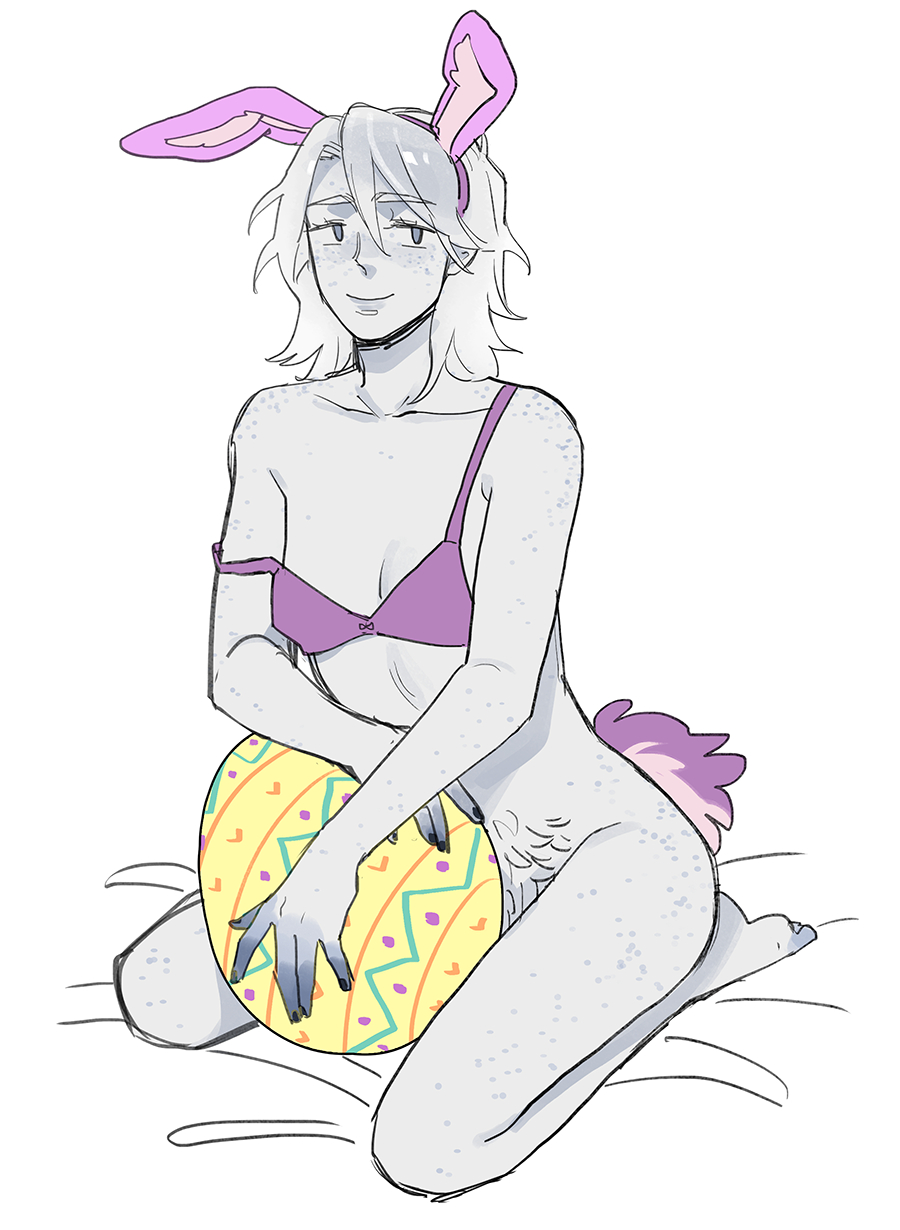 original, commentary, english commentary, highres, 1boy, animal ears, ass freckles, body freckles, bra, colored skin, crossdressing, crossdressing (mtf), easter, easter egg, egg, fake animal ears, fake tail, feet, freckles, girly boy, hairband, lachlann (sframboob), lips, male focus, male pubic hair, monster boy, nixie (mythology), pubic hair, sframboob, sketch, smile, tail, underwear, white hair, white skin