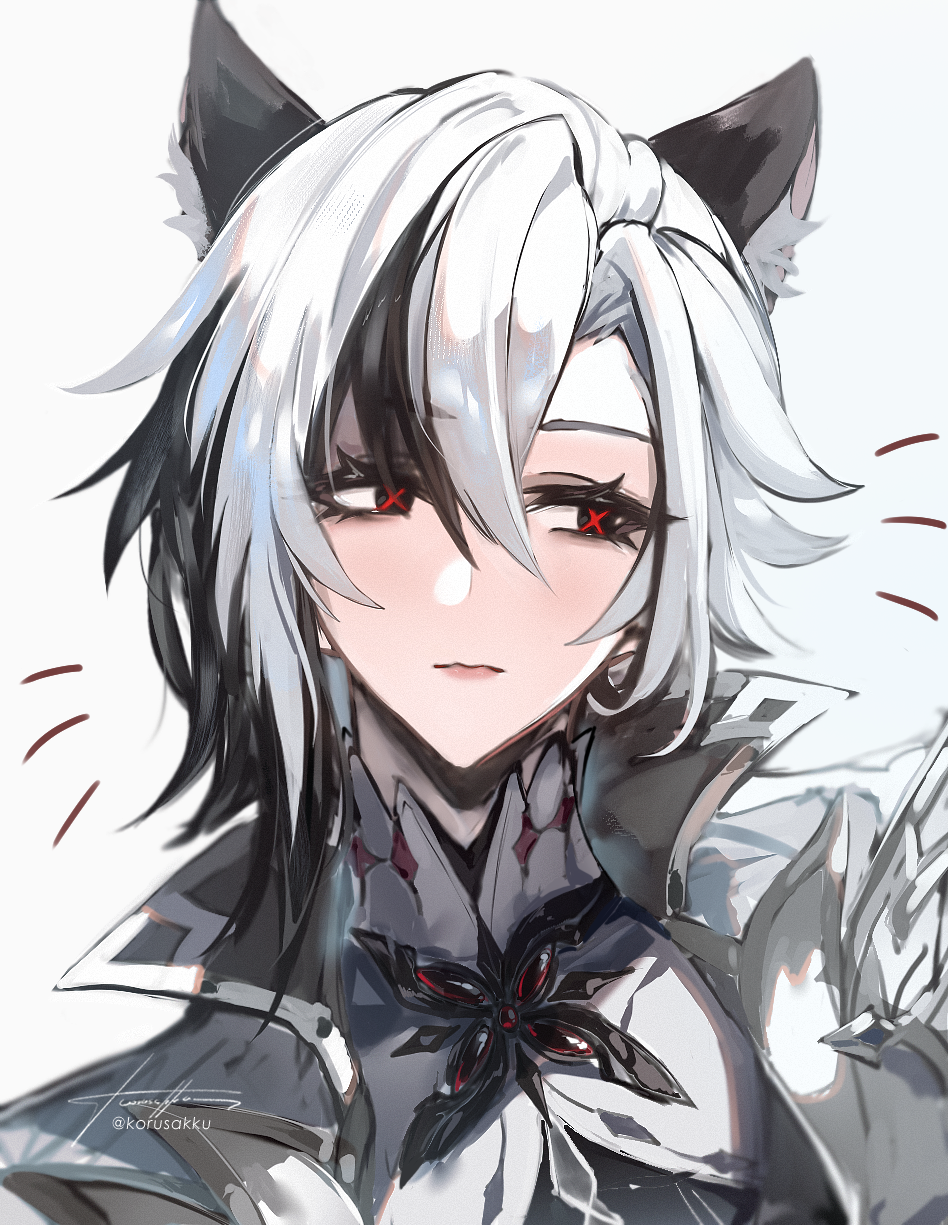 korusakku, arlecchino (genshin impact), genshin impact, commentary request, highres, 1girl, animal ears, averting eyes, black hair, blush, cat ears, closed mouth, kemonomimi mode, multicolored hair, portrait, red pupils, signature, simple background, solo, streaked hair, symbol-shaped pupils, two-tone hair, white background, white hair, x-shaped pupils