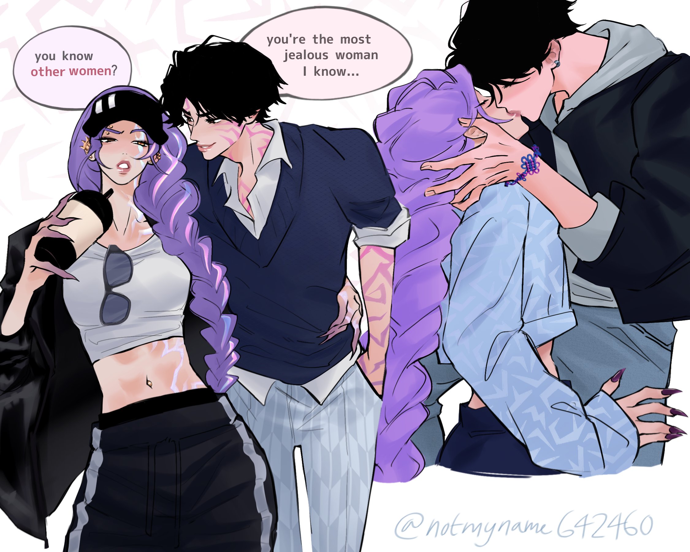 jinu (kpop demon hunters), rumi (kpop demon hunters), kpop demon hunters, highres, 1boy, 1girl, arm around waist, black hair, black hat, black jacket, black pants, blue shirt, body markings, breasts, collared shirt, couple, crop top, cup, earrings, english text, eyebrow piercing, eyewear hang, face piercing, facial mark, fingernails, furrowed brow, grey hoodie, grey pants, hand in another's hair, hand in pocket, hat, hetero, holding, holding cup, hood, hoodie, jacket, jacket over hoodie, jewelry, kiss, long hair, medium breasts, meme, midriff, notmyname642460, pants, parted lips, piercing, purple hair, purple nails, sharp fingernails, shirt, short hair, sleeves rolled up, smile, track pants, twintails, unworn eyewear, very long hair, visor cap, white shirt, you know other men? (meme)