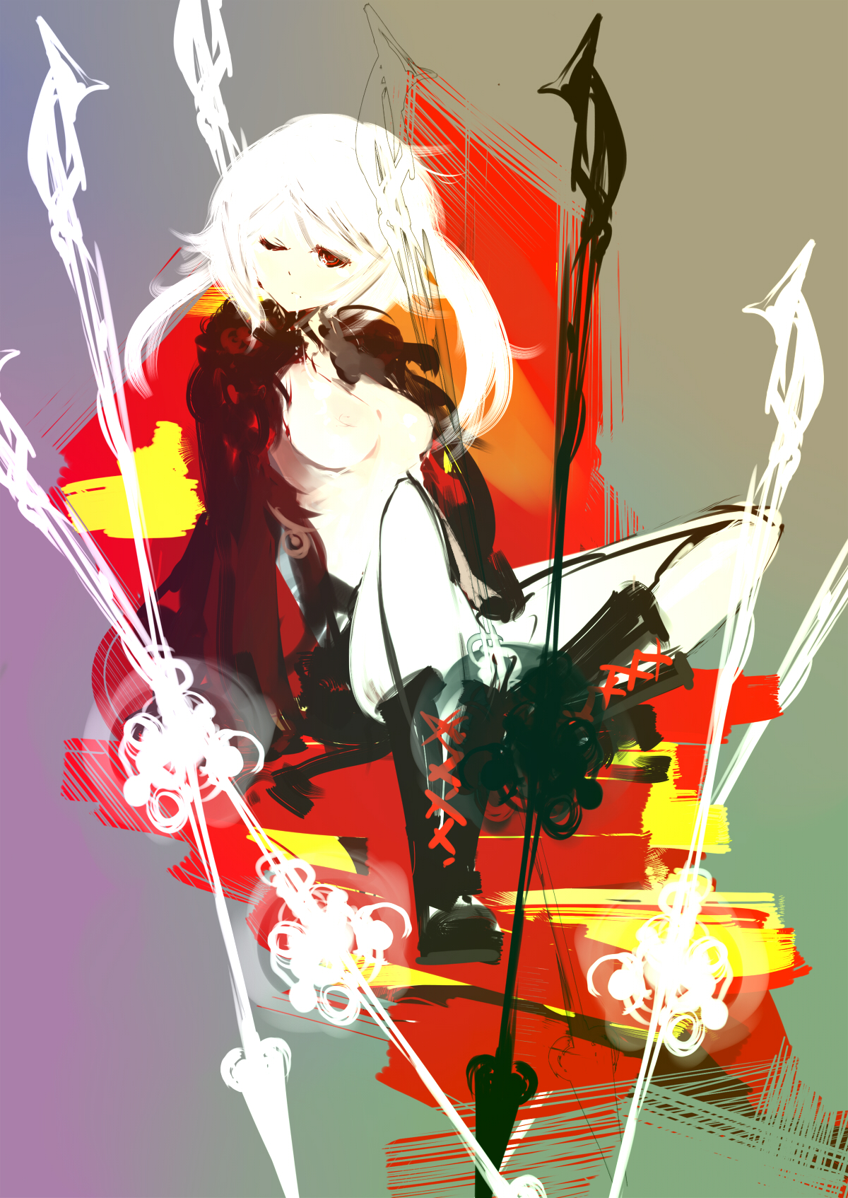 agi kyuurou, original, bad id, bad pixiv id, highres, 1girl, abstract, boots, breasts, female focus, open clothes, red eyes, solo, speed painting, twintails, white hair
