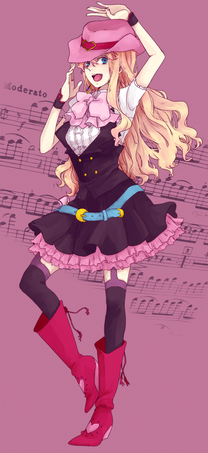 akieru, akieru nomaki, sheryl nome, macross, macross frontier, macross frontier: itsuwari no utahime, highres, 00s, 1girl, blonde hair, blue eyes, boots, cowboy boots, cowboy hat, cowboy western, female focus, full body, hat, ribbon, skirt, solo, standing, thighhighs
