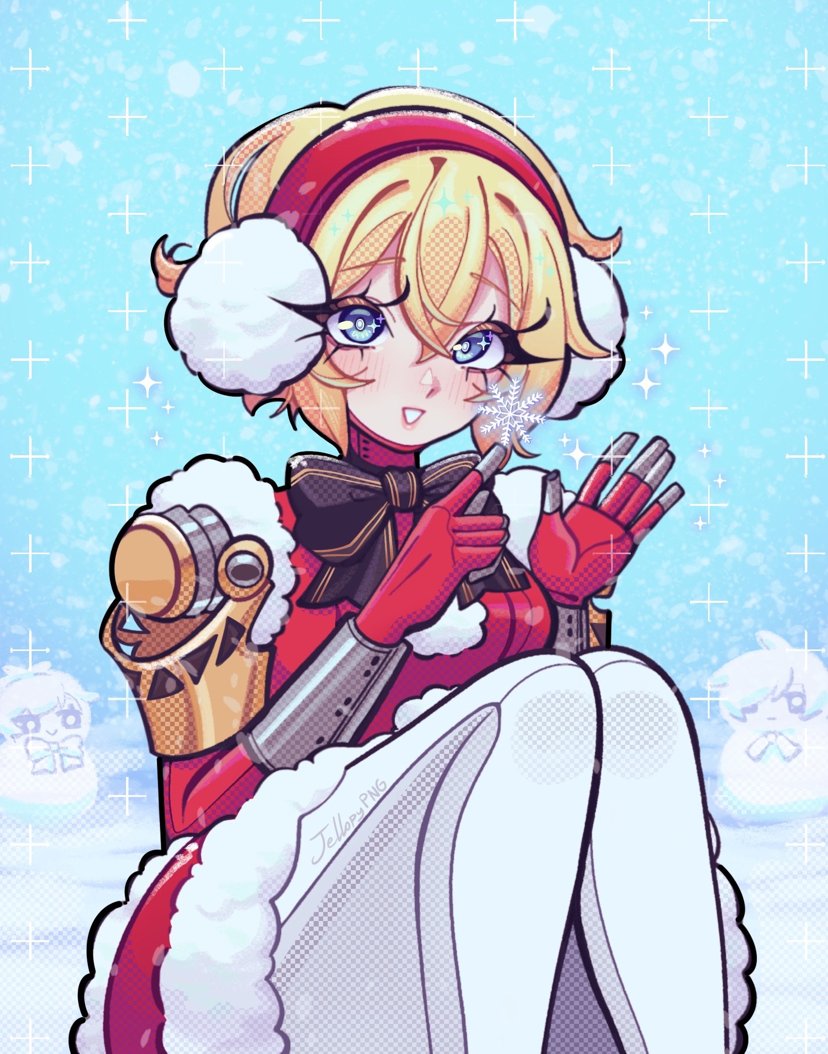 aigis (persona), shiomi kotone, yuuki makoto (persona 3), persona, persona 3, character snowman, commentary, english commentary, highres, 1girl, blonde hair, blue eyes, blush, hair between eyes, jellopypng, short hair, sitting, smile, snowflakes, snowing, solo