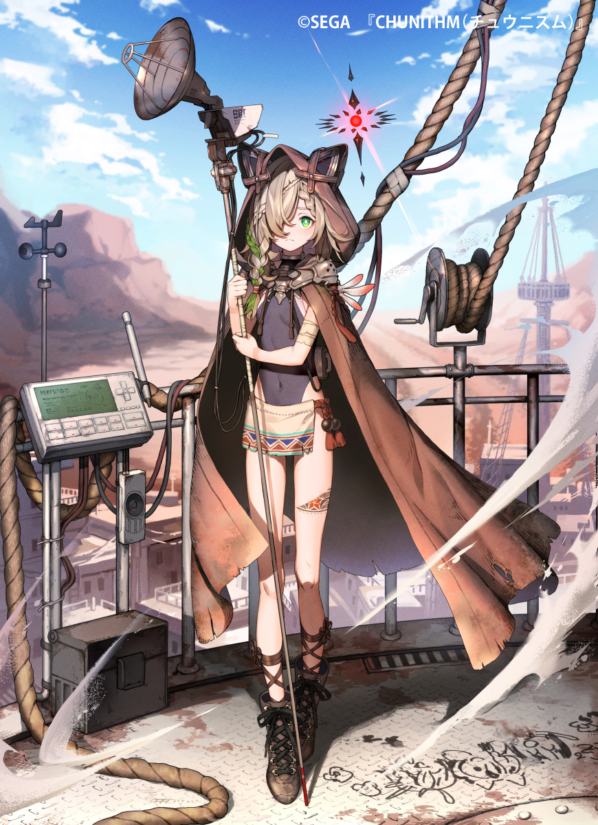 zenmaibook, chunithm, check copyright, commentary request, copyright request, highres, official art, 1girl, blonde hair, boots, braid, breasts, brown cloak, cloak, covered navel, green eyes, green hair, hair over one eye, holding, holding staff, hood, hood up, hooded cloak, looking at viewer, multicolored hair, side braid, small breasts, solo, staff, standing, two-tone hair