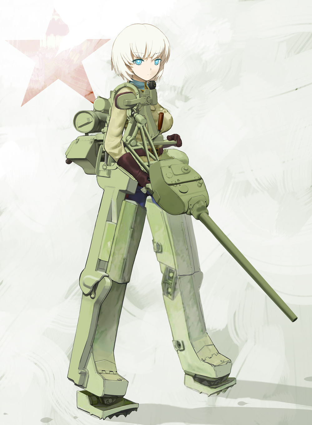 kuuro kuro, t-34, original, vehicle, highres, 1girl, blonde hair, blue eyes, female focus, mecha musume, military, military vehicle, motor vehicle, short hair, solo, soviet, tank, world war ii