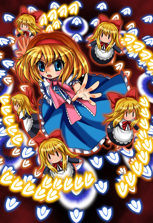 ohmi takamura, alice margatroid, shanghai doll, touhou, bad id, bad pixiv id, 6+girls, blonde hair, blue eyes, danmaku, doll, female focus, hairband, multiple girls, short hair, solo