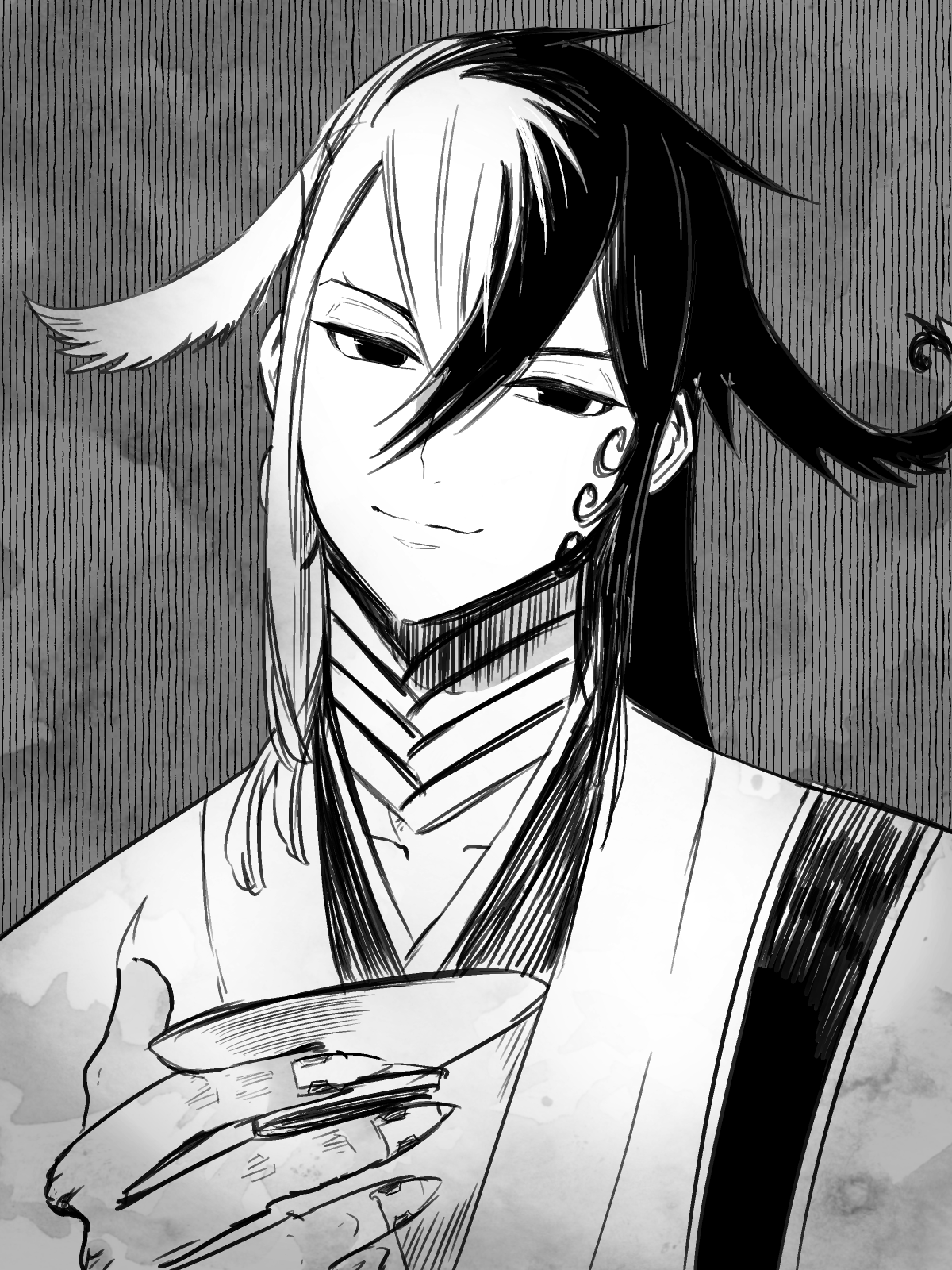 ohitsuji ei, ashiya douman (fate), fate/grand order, fate (series), commentary request, highres, 1boy, closed mouth, cup, double-parted bangs, fingernails, forked eyebrows, grey background, greyscale, hair between eyes, hair flaps, hair intakes, hand up, head tilt, holding, holding cup, japanese clothes, kimono, long hair, long hair between eyes, looking at viewer, male focus, monochrome, multicolored hair, portrait, sakazuki, sharp fingernails, smile, solo, split-color hair, striped background, two-tone hair