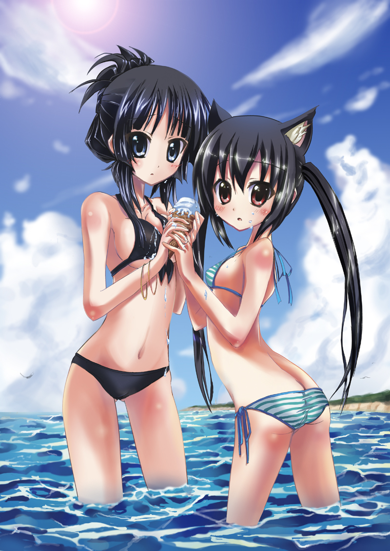 kurou (quadruple zero), akiyama mio, nakano azusa, k-on!, striped, bad id, bad pixiv id, 00s, 2girls, animal ears, bikini, black hair, blue eyes, blunt bangs, blush, breasts, cat ears, cloud, day, dripping, flat chest, food, front-tie top, hime cut, ice cream, lens flare, long hair, looking back, medium breasts, multiple girls, outdoors, red eyes, side-tie bikini bottom, sky, sun, swimsuit, twintails, underboob, wading, water