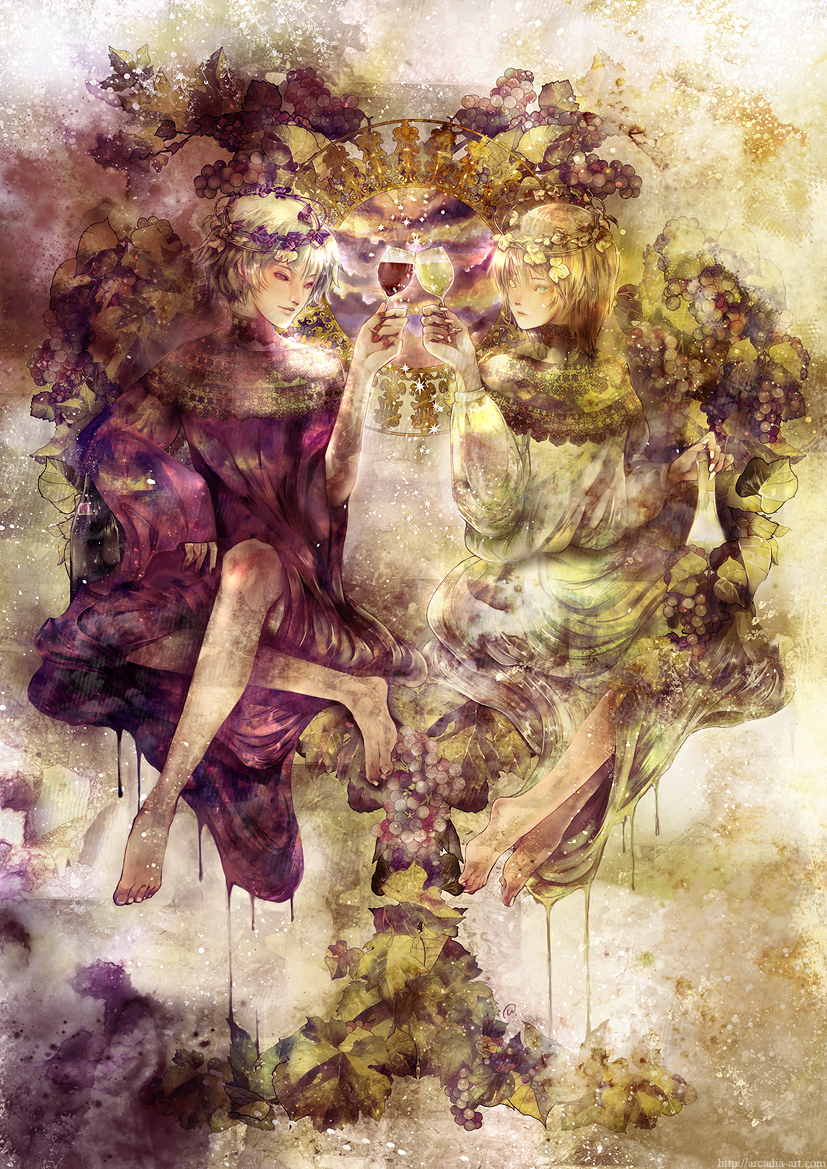 yuu (arcadia), original, 1boy, 1girl, alcohol, barefoot, cup, dress, drinking glass, food, food-themed clothes, fruit, grapes, hair ornament, short hair, sitting, toasting (gesture), wine, wine glass