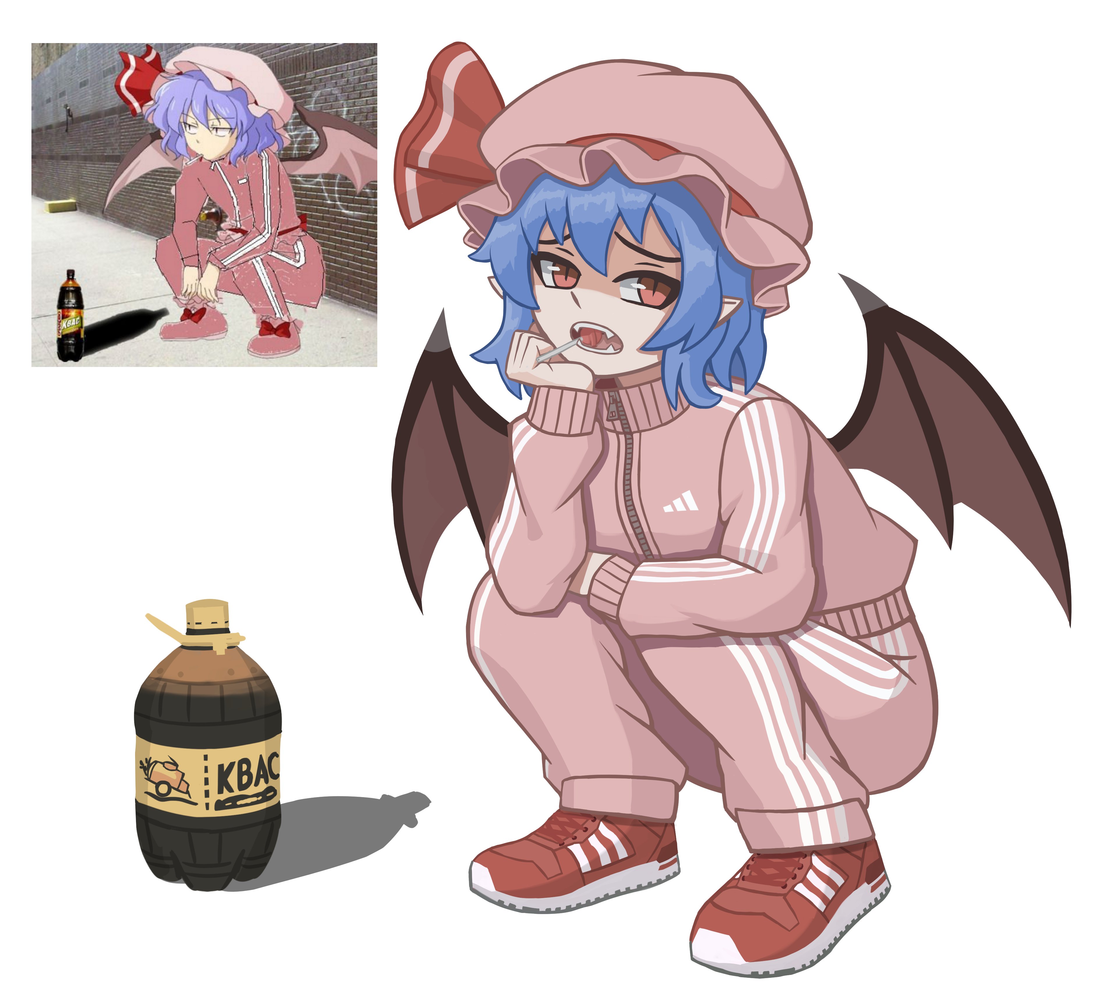 duhota, remilia scarlet, adidas, touhou, absurdres, commentary, english commentary, highres, 1girl, alternate costume, bat wings, blue hair, bottle, food, hat, hat ribbon, long sleeves, looking at viewer, mob cap, open mouth, pink hat, pointy ears, popsicle, red eyes, red ribbon, red shoes, reference inset, ribbon, shoes, short hair, simple background, slit pupils, sneakers, solo, sportswear, squatting, white background, wings