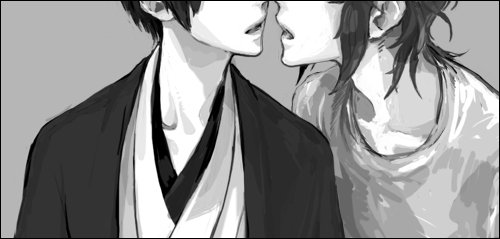greece (hetalia), japan (hetalia), axis powers hetalia, lowres, 00s, 2boys, greyscale, japanese clothes, kimono, kiss, male focus, monochrome, multiple boys, neck, shirt, t-shirt, yaoi