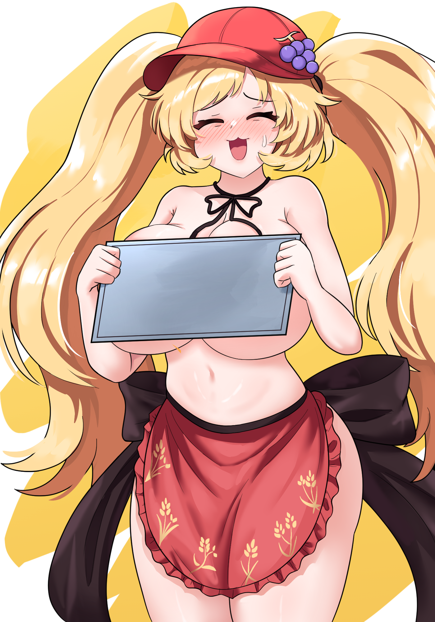 rion (user ufvg8527), aki minoriko, aki minoriko (symbol of overly abundant harvests), touhou, touhou lostword, commentary, commission, english commentary, highres, 1girl, alternate hair length, alternate hairstyle, apron, blonde hair, blush, breasts, closed eyes, covering breasts, covering privates, facing viewer, food, fruit, grapes, hat, huge breasts, long hair, navel, open mouth, petticoat, red apron, red hat, solo, topless female, twintails